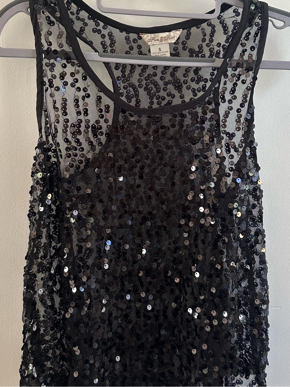Fun & Flirt Black Sequin Mesh Sheer Scoop Neck Racerback Tank Top Size S